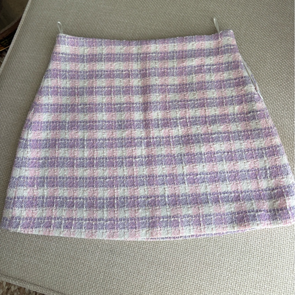 Zara Lilac and White Plaid Tweed Mini Skirt
